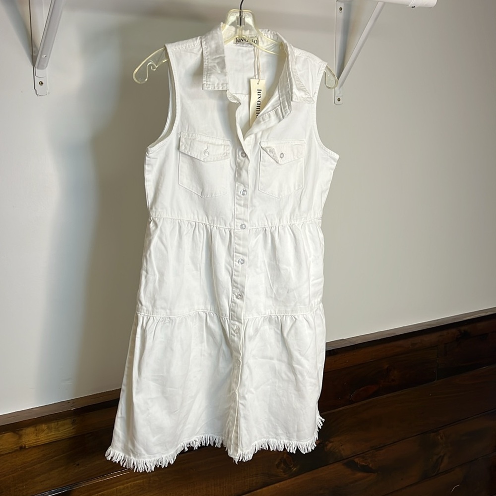 NWT Luvamia Brilliant White Sleeveless‎ Button Down Denim Dress- XS